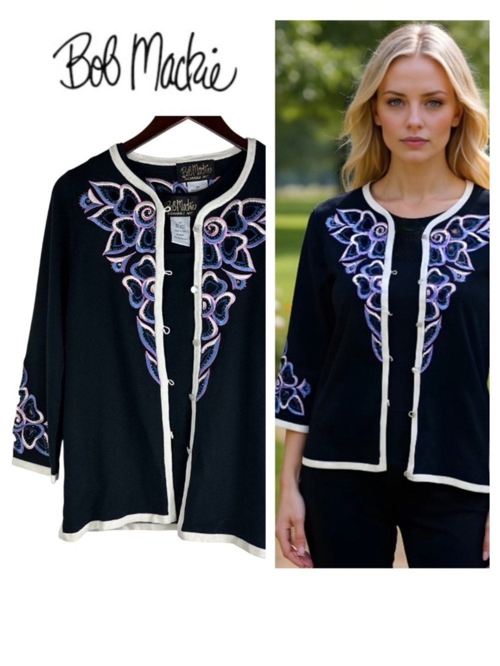 New Bob Mackie 2 pc Twinset Cardigan Sweater Tank XS Black Floral Wearable Art